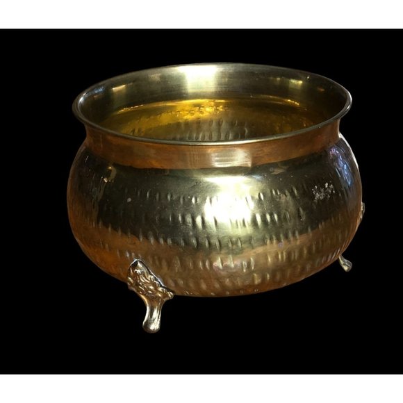 Vintage Hammered Brass Bowl Planter w Feet India Patina Cauldron 5"H 7" Diameter - Picture 6 of 12